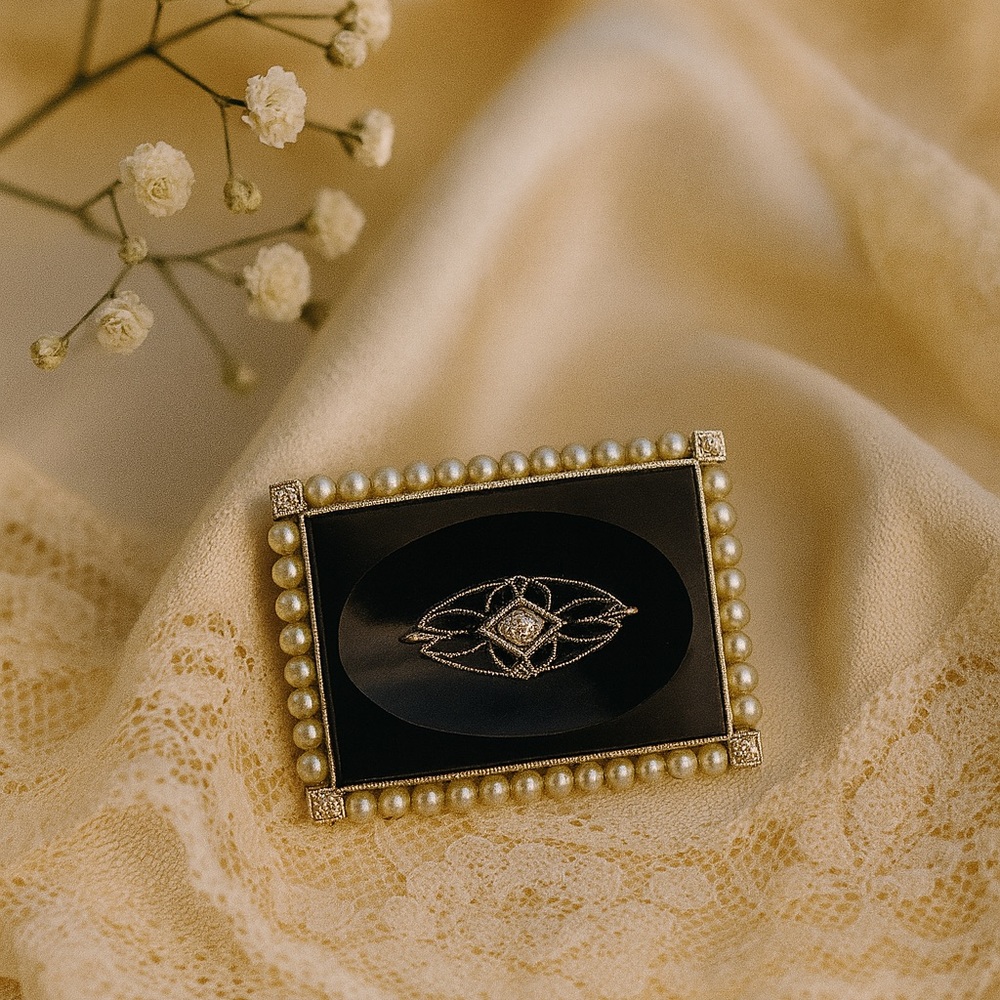 Edwardian 14K Gold Onyx, Seed Pearl, & Old European Cut Diamond Mourning Brooch - Picture 9 of 9